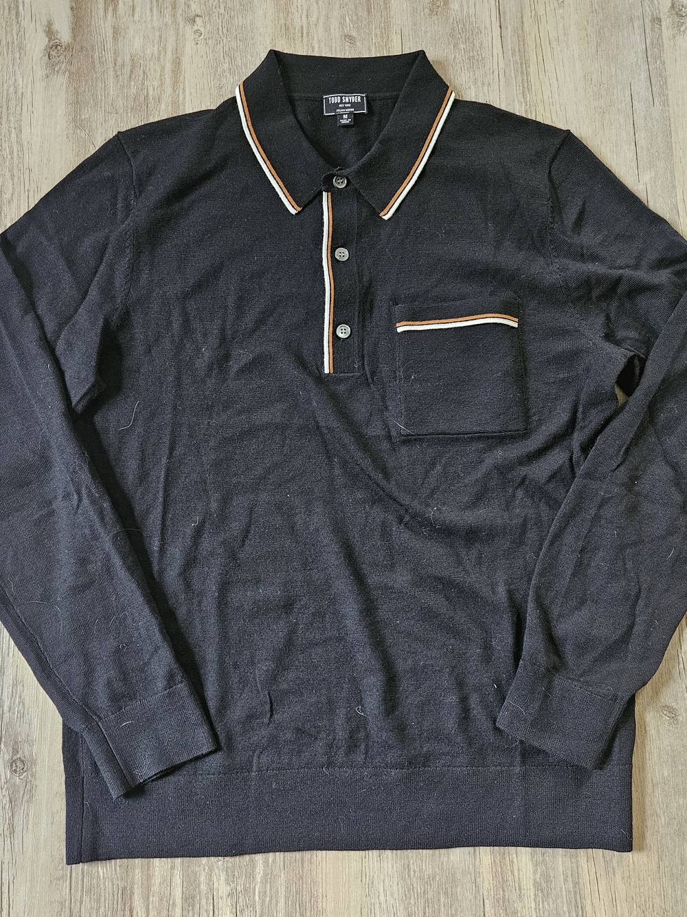 Todd Snyder Men's Black Long-Sleeve 100% Merino Wool Trim Sweater Polo Medium